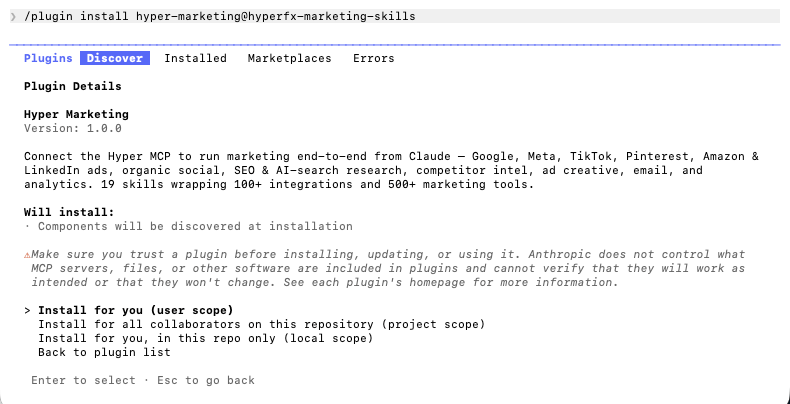 Claude Code plugin install prompt with user, project, and local scope options for hyper-marketing
