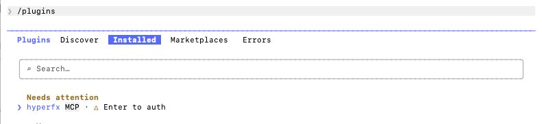 Claude Code plugin manager Installed tab with hyper-marketing flagged as needing authentication