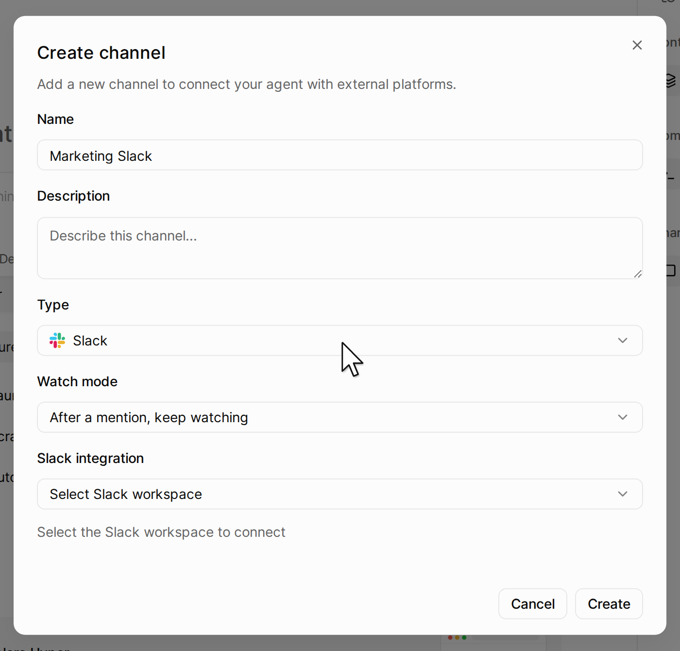 The Create channel dialog with the type Slack