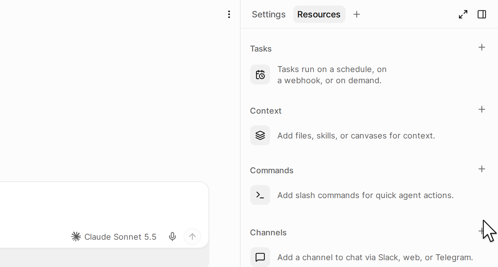The Resources tab of an agent, with the plus button next to Channels