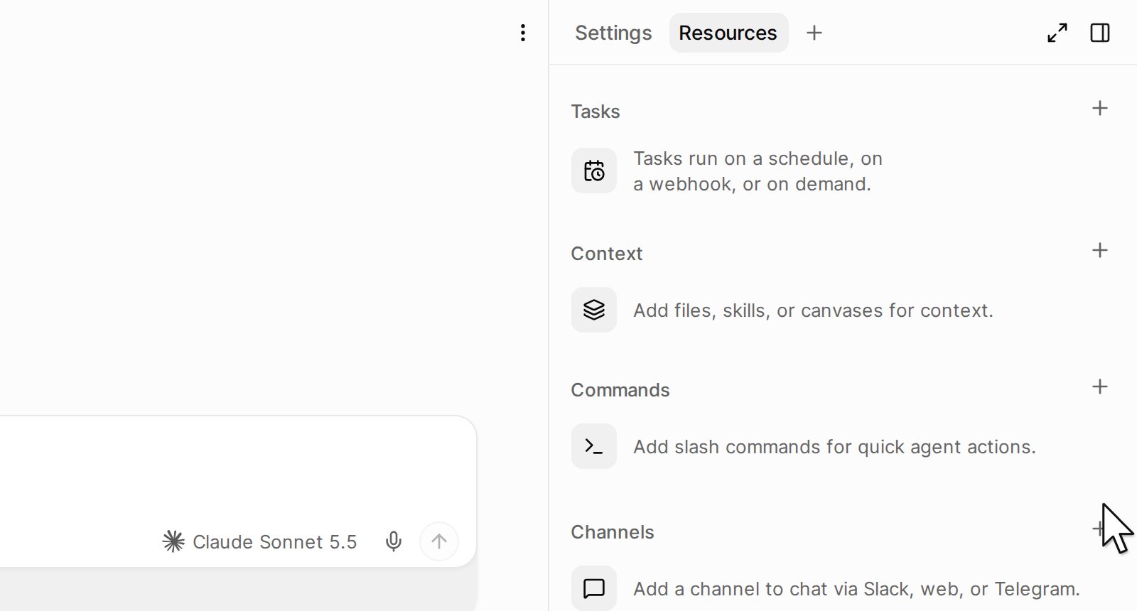 The Resources tab of an agent, with the plus button next to Channels