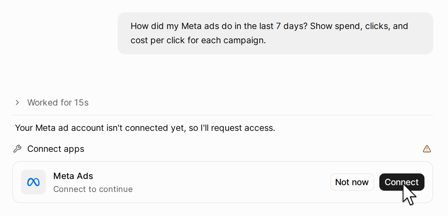 The agent asks to connect Meta Ads, with the Connect button