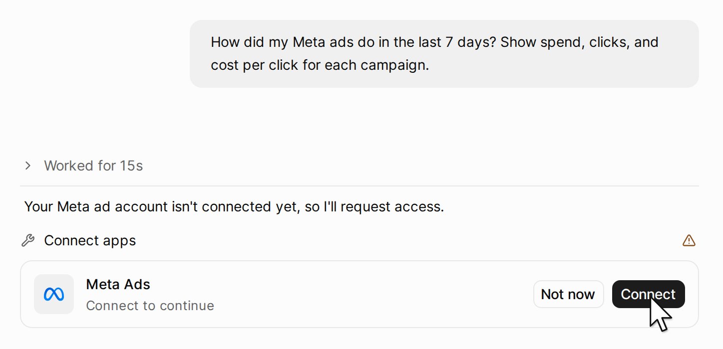 The agent asks to connect Meta Ads, with the Connect button