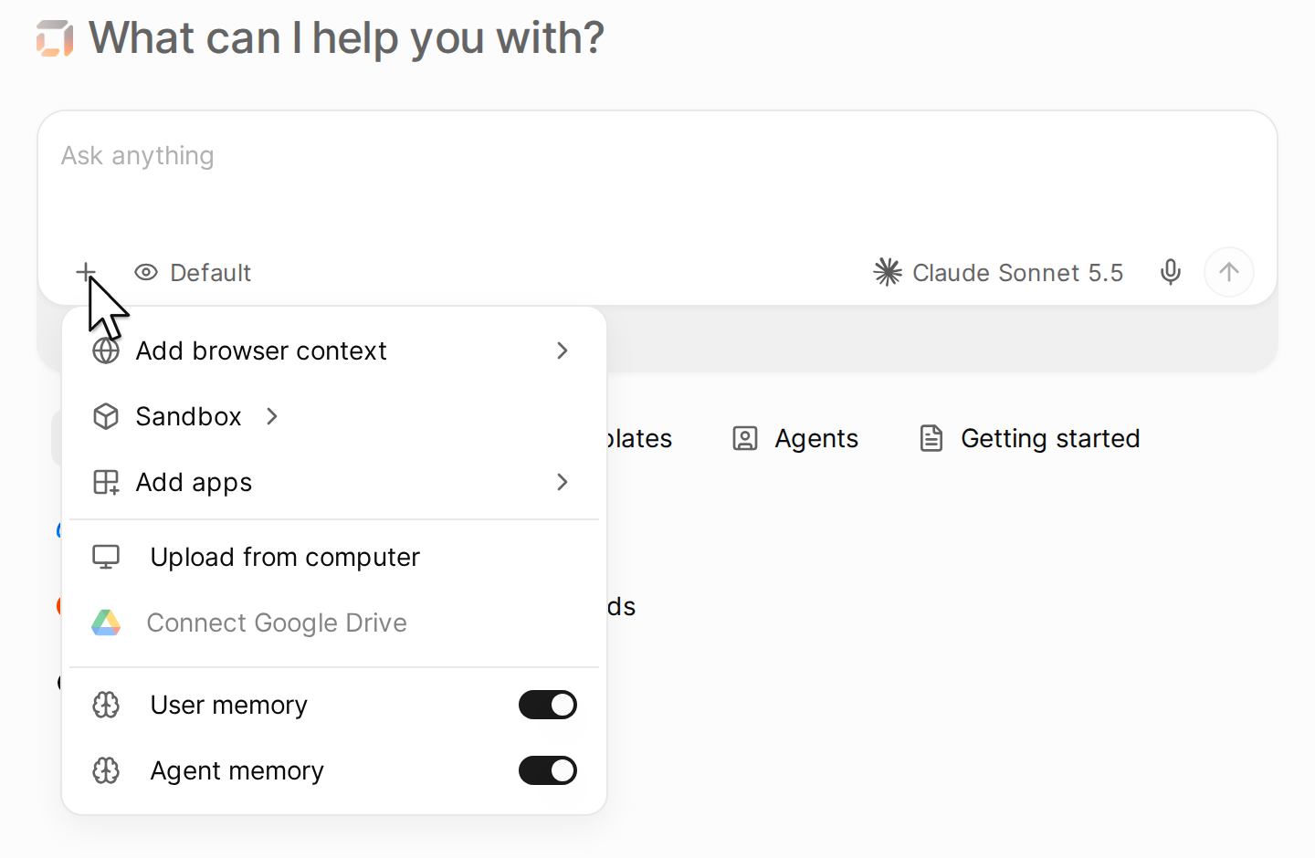 The plus button of the message box, with its options