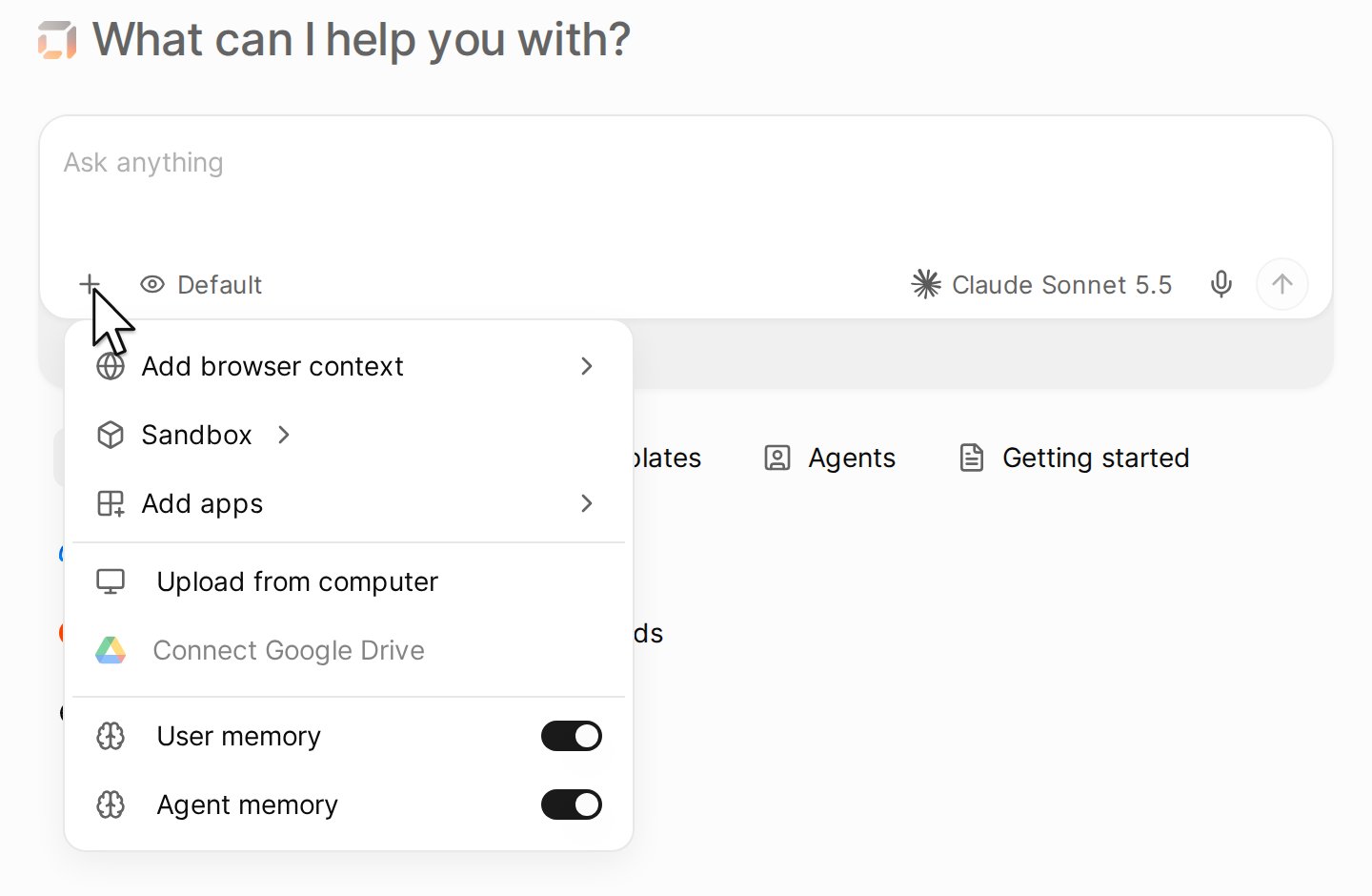 The plus button of the message box, with its options