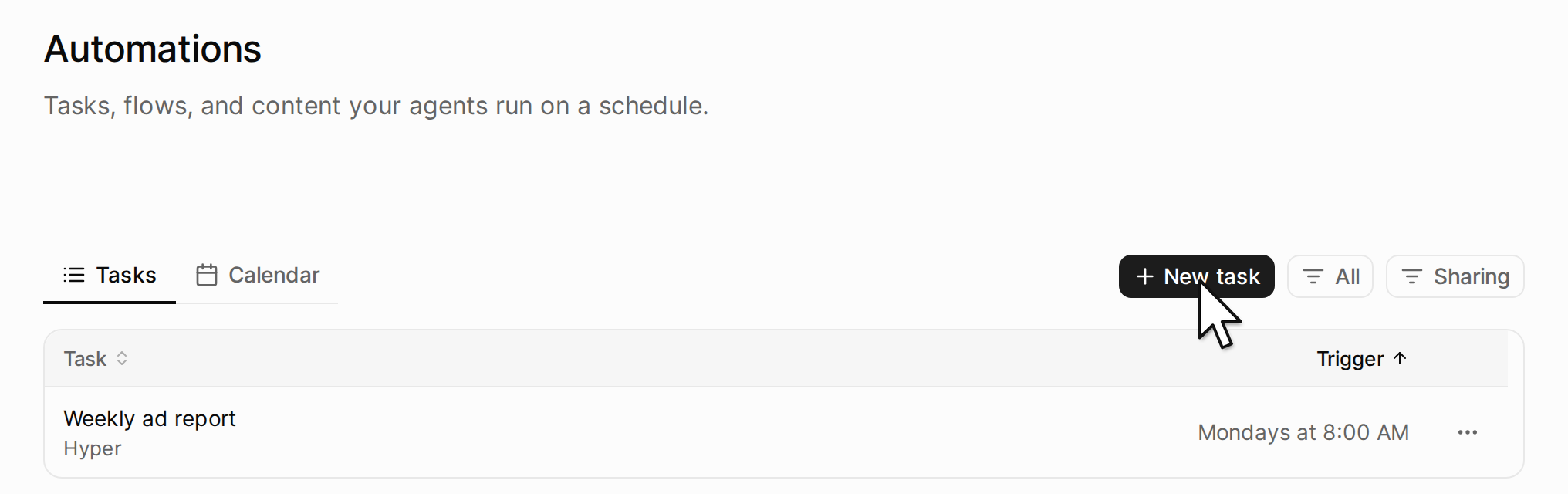 The Automations page, with the New task button