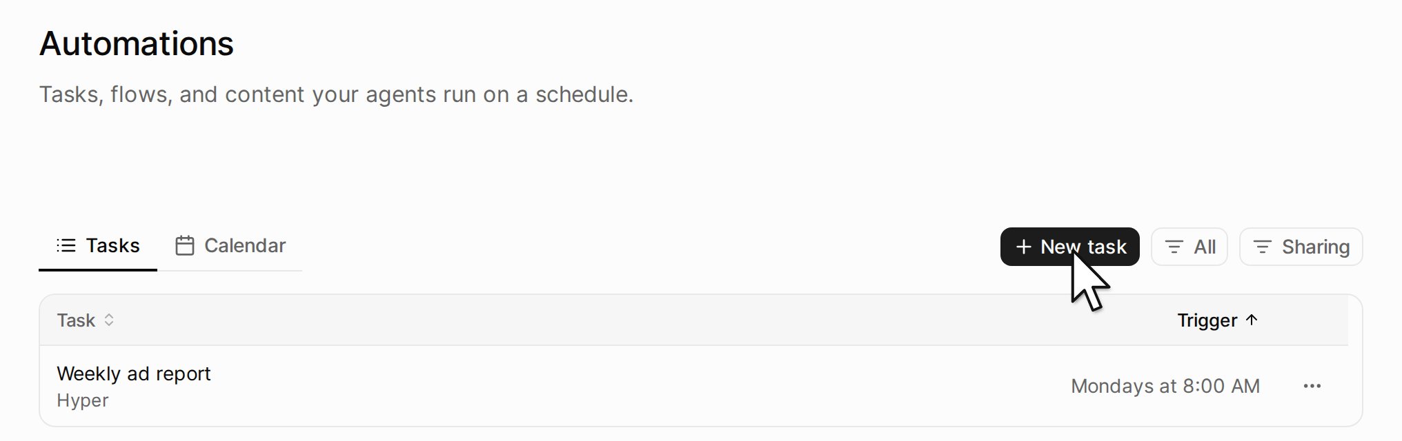 The Automations page, with the New task button