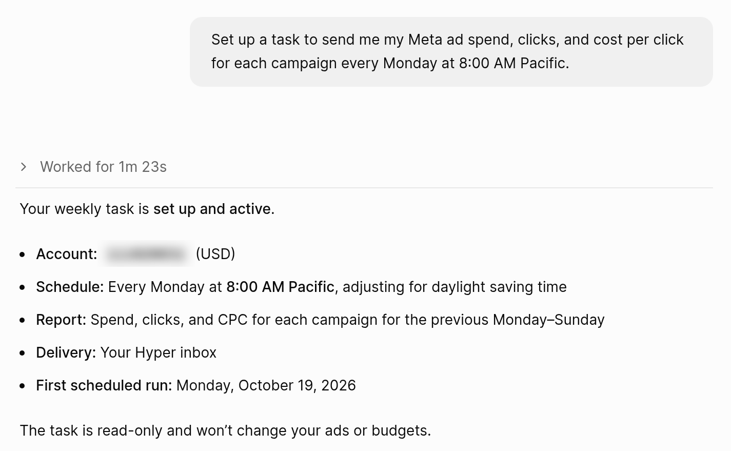 The agent confirms a weekly task: the account, the schedule, the report, and where it is sent