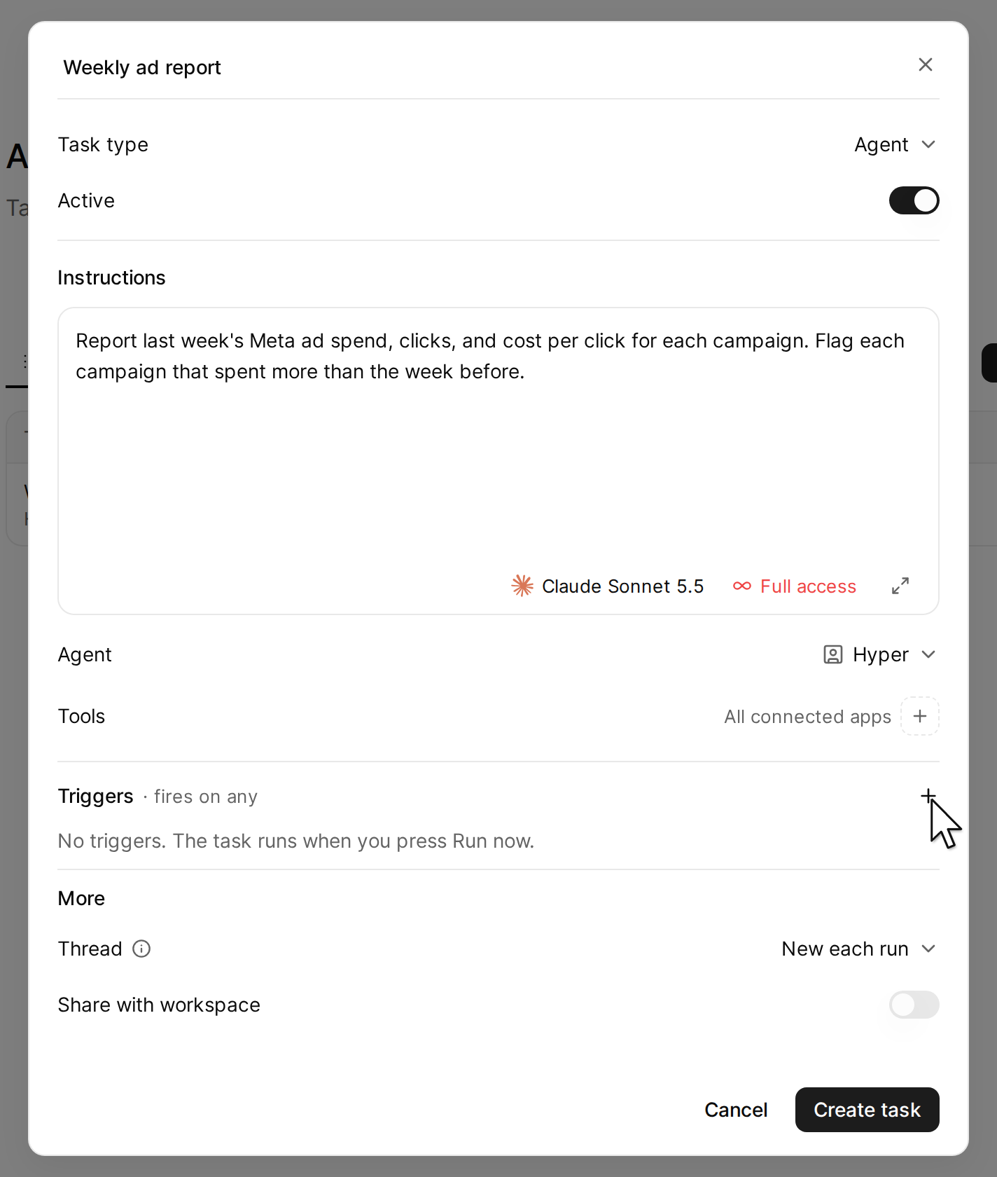 The New task dialog, with the plus button next to Triggers