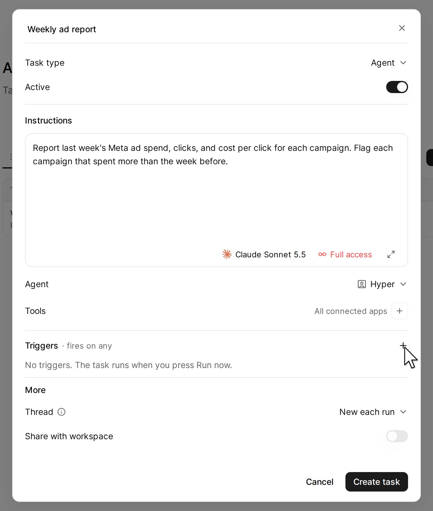 The New task dialog, with the plus button next to Triggers