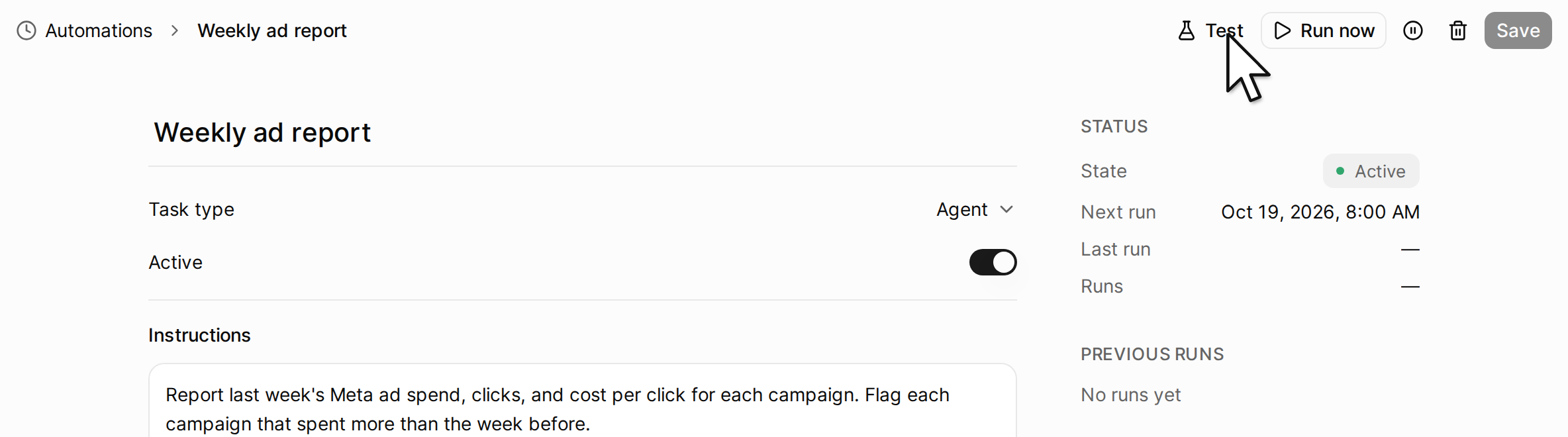A task, with the Test and Run now buttons