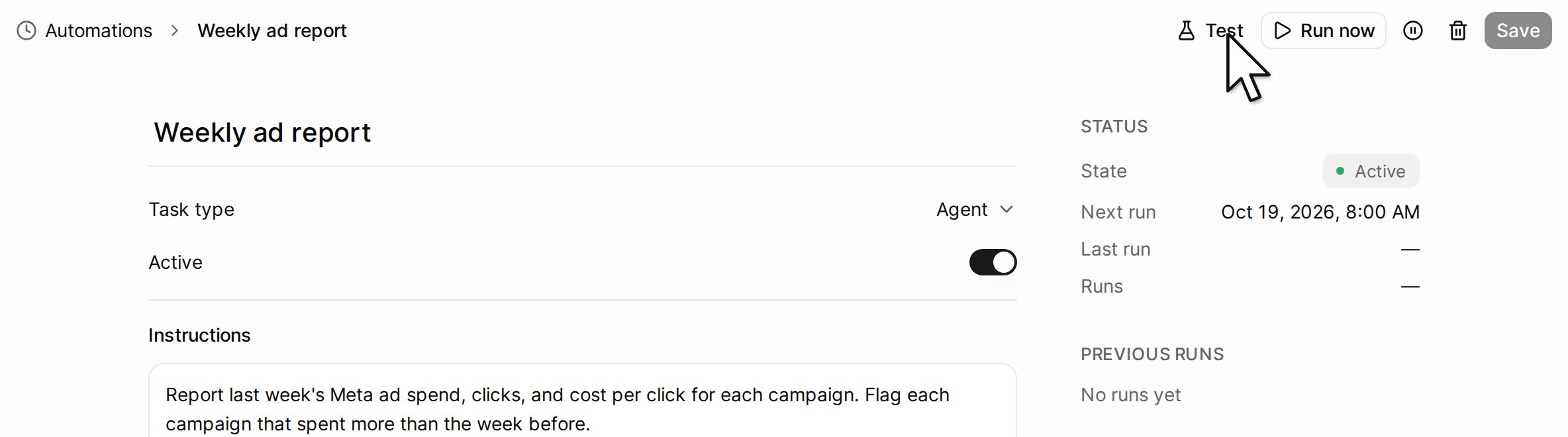 A task, with the Test and Run now buttons