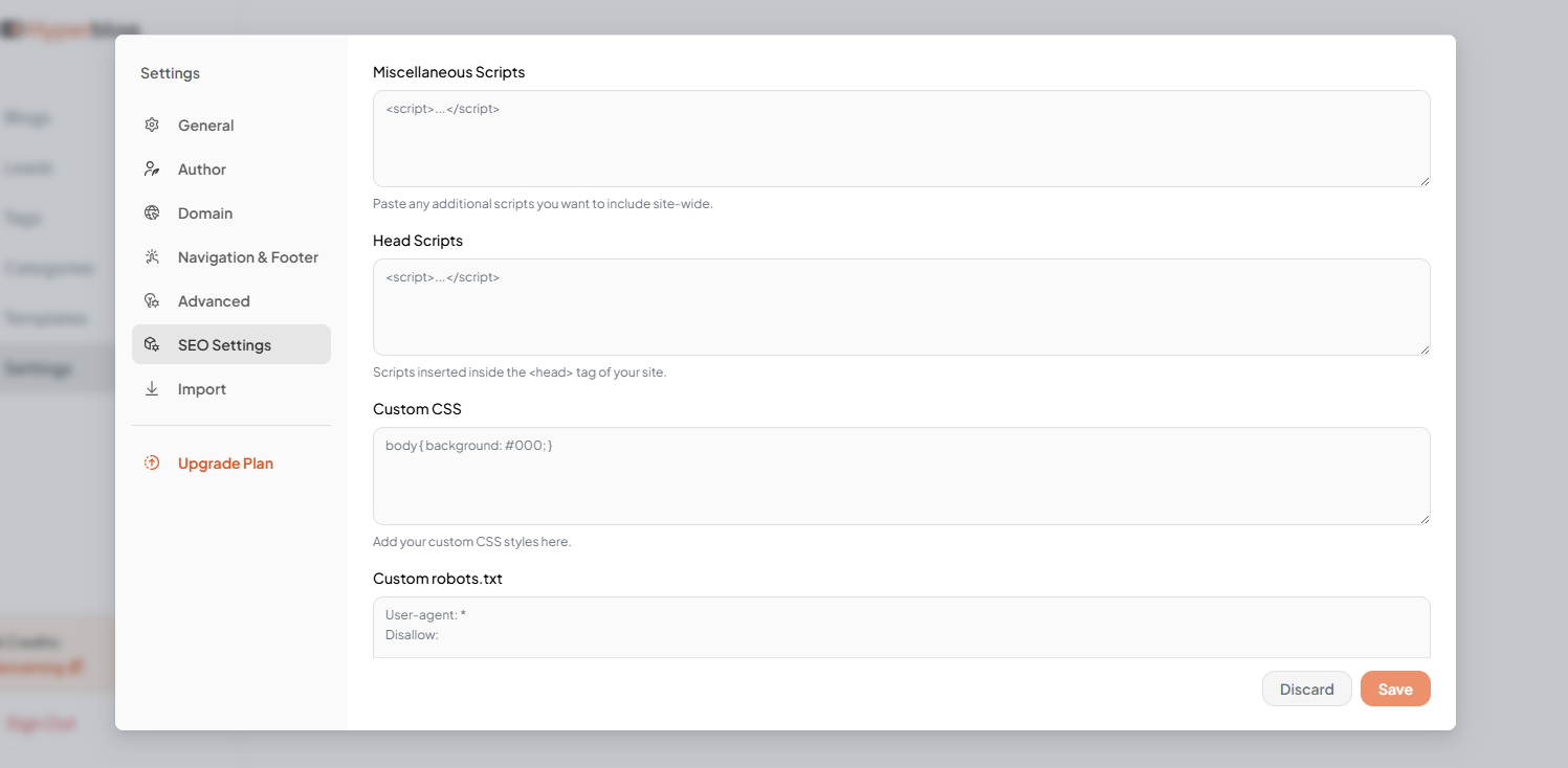 Seo Settings Add Css Pn