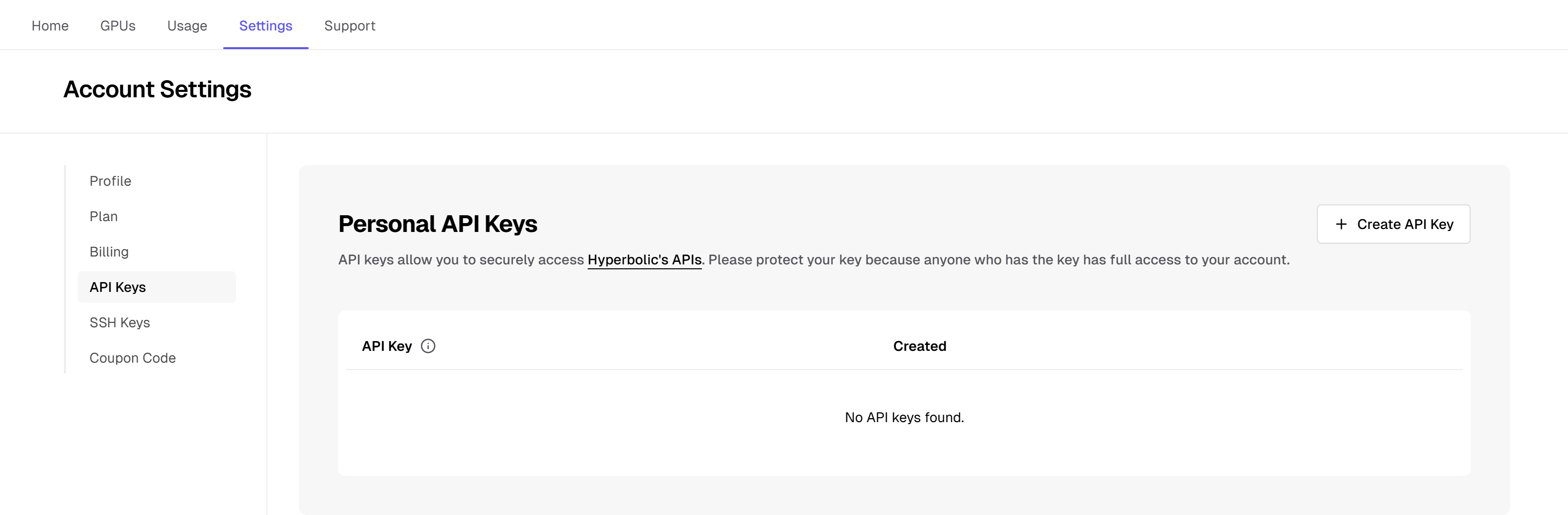 Personal API Keys settings page with a Create API Key button and an empty API key list