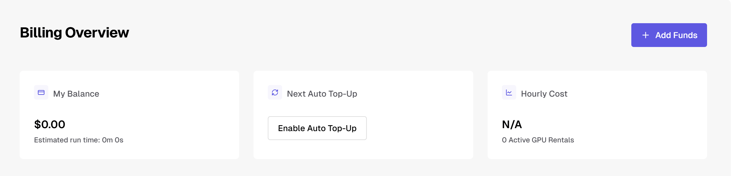 Billing Overview showing My Balance, Next Auto Top-Up, and Hourly Cost cards with an Add Funds button
