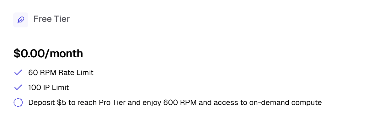 Free Tier plan card showing $0.00/month, 60 RPM rate limit, 100 IP limit, and a prompt to deposit $5 to reach Pro Tier