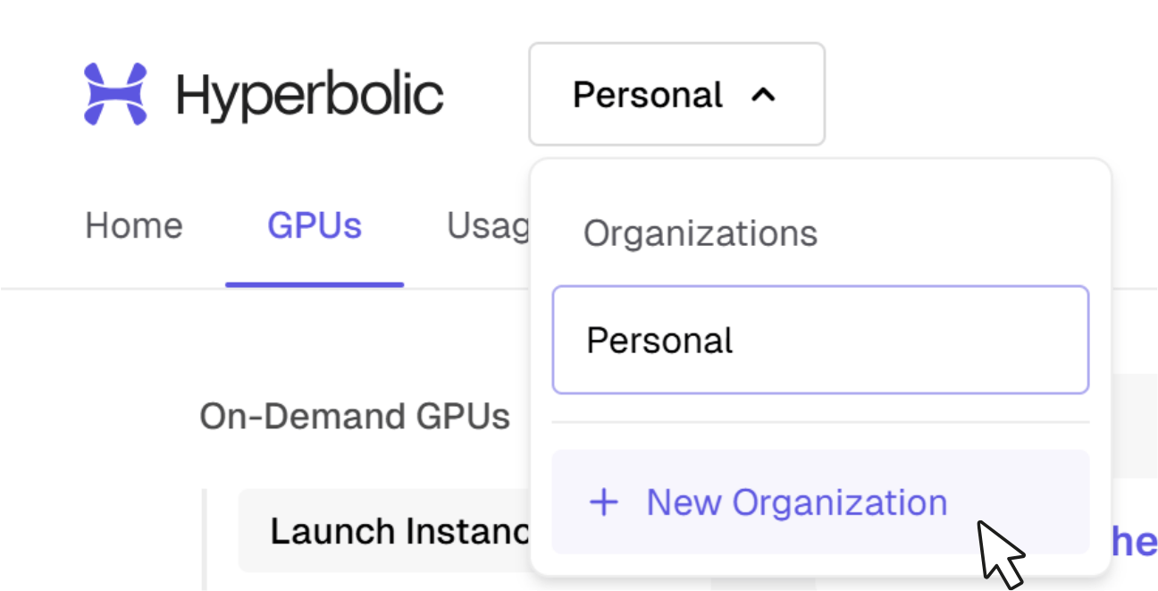 Organization switcher menu in the top-left of the dashboard, showing the Personal organization and a New Organization option