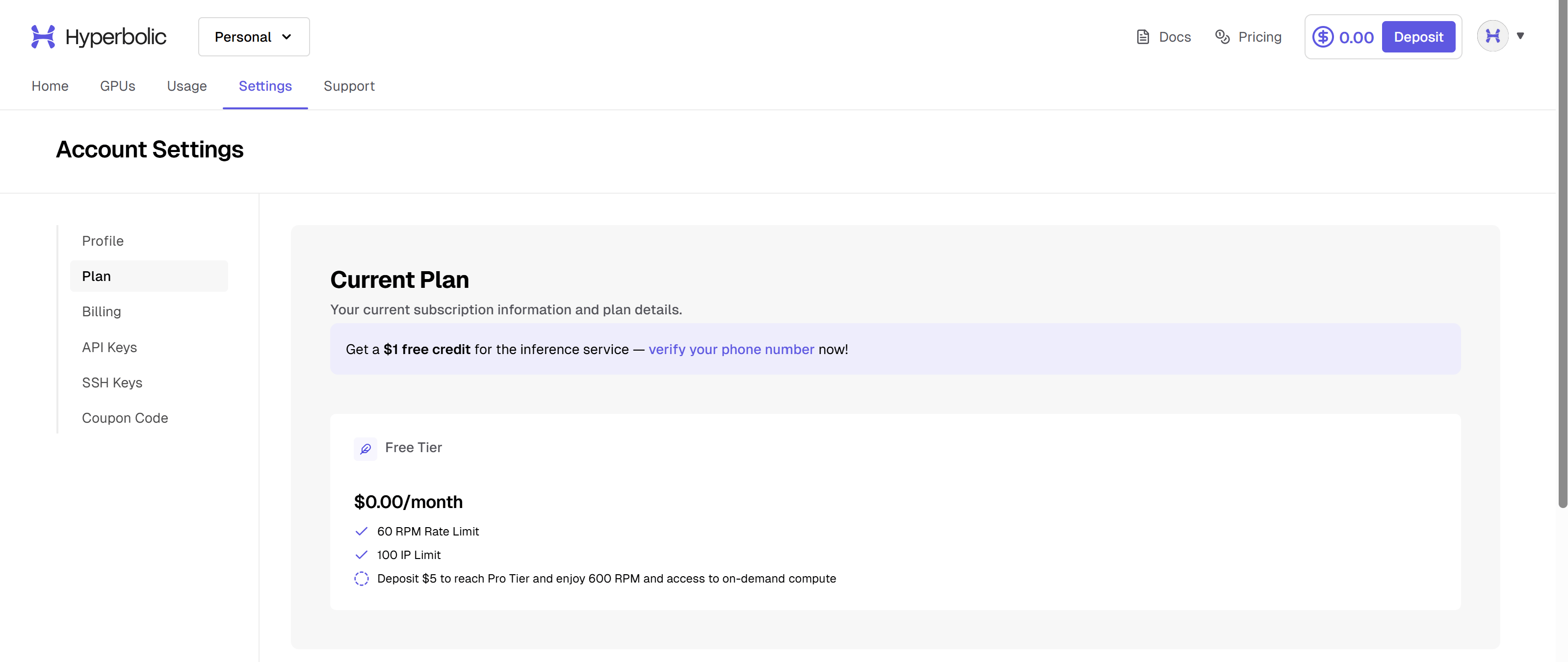 Account Settings Plan page showing the Current Plan section, a phone-verification credit banner, and the Free Tier card