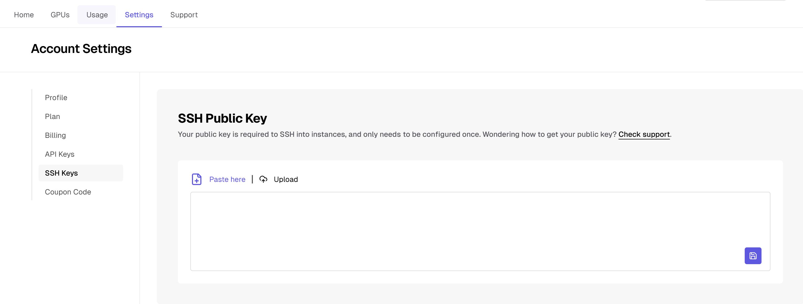 SSH Public Key settings page with options to paste or upload a public key