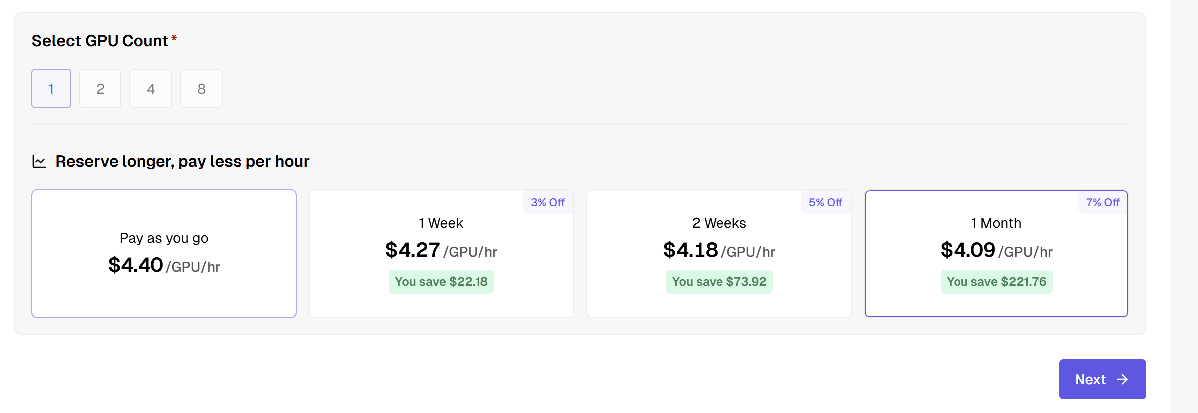 Reservation step showing GPU count selection and term options — pay as you go, 1 week, 2 weeks, 1 month — with per-GPU/hr rates and savings
