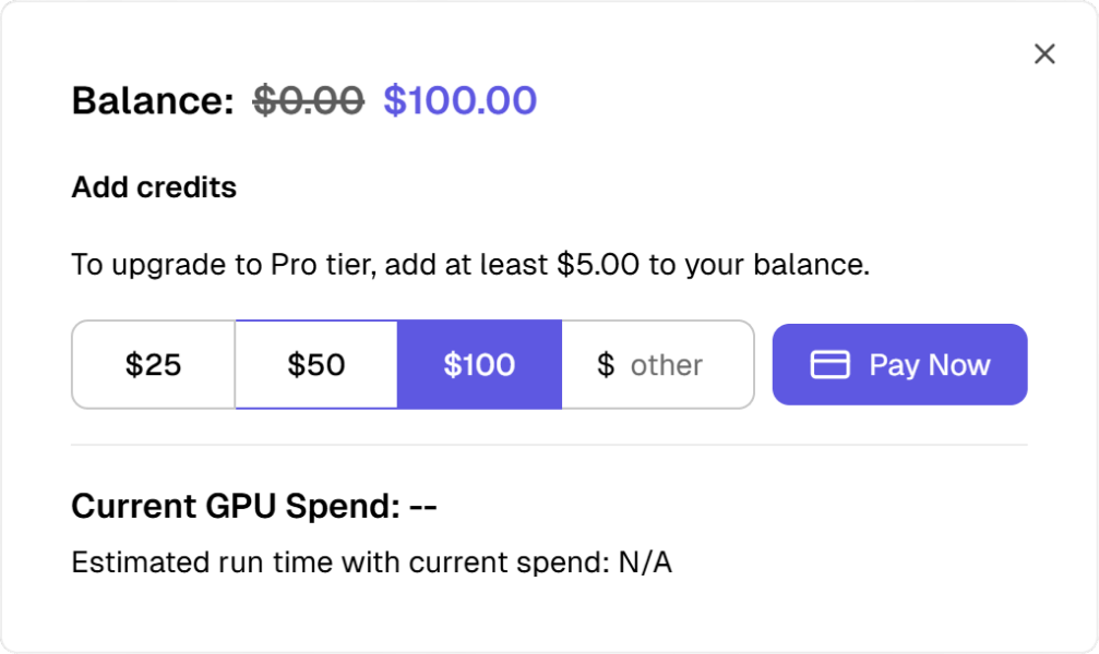 Add credits dialog with preset amounts ($25, $50, $100, other) and a Pay Now button