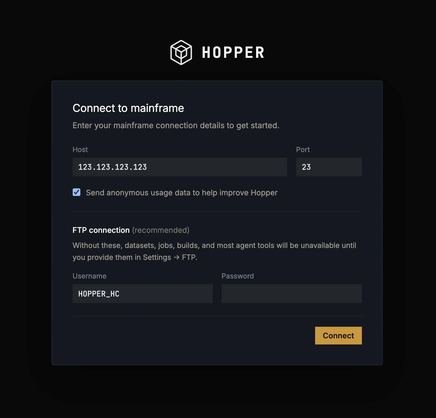Connect to mainframe modal showing Host and Port fields and an FTP connection section with optional Username and Password
