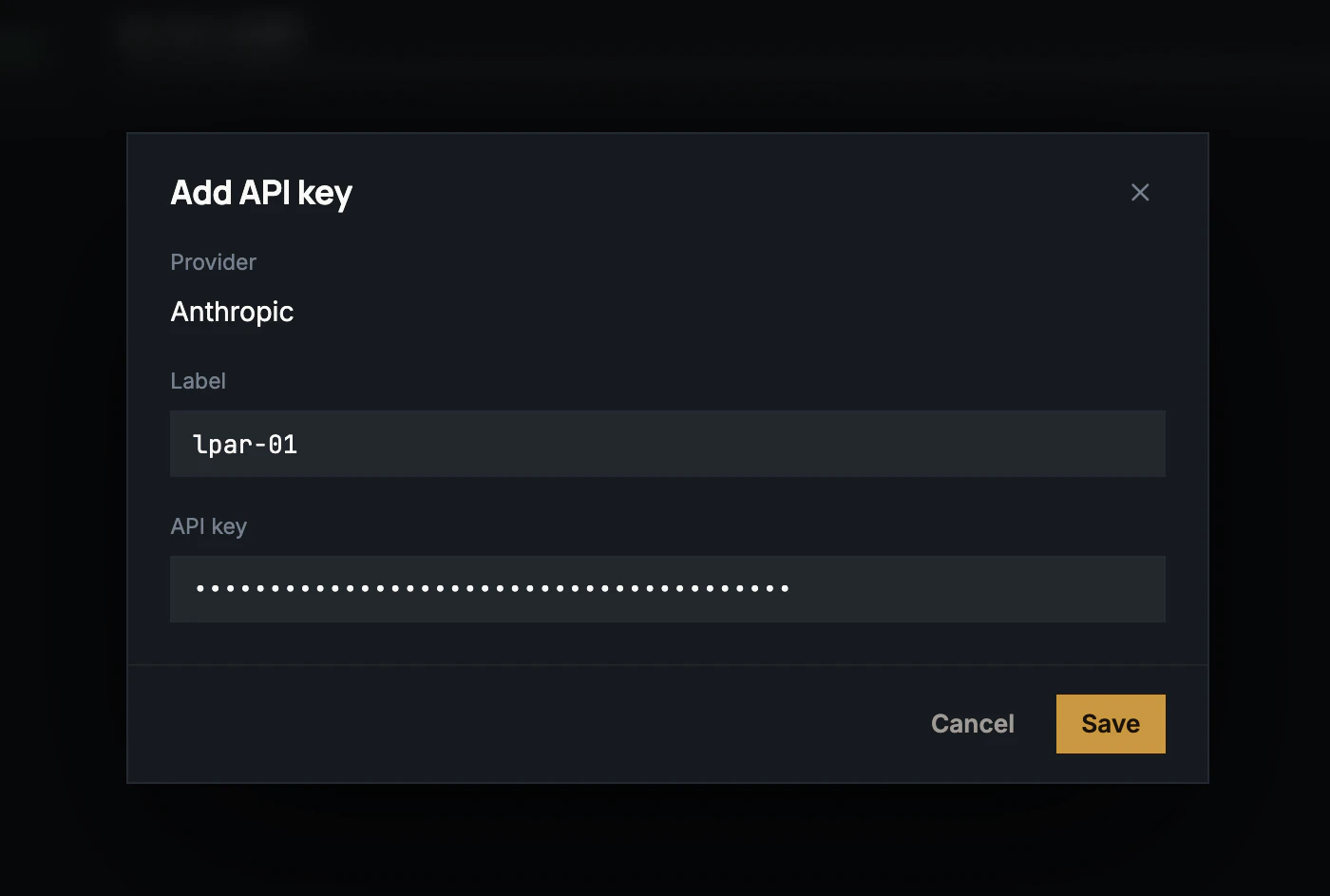 Add API key modal with Provider set to Anthropic, a Label field, and a masked API key field