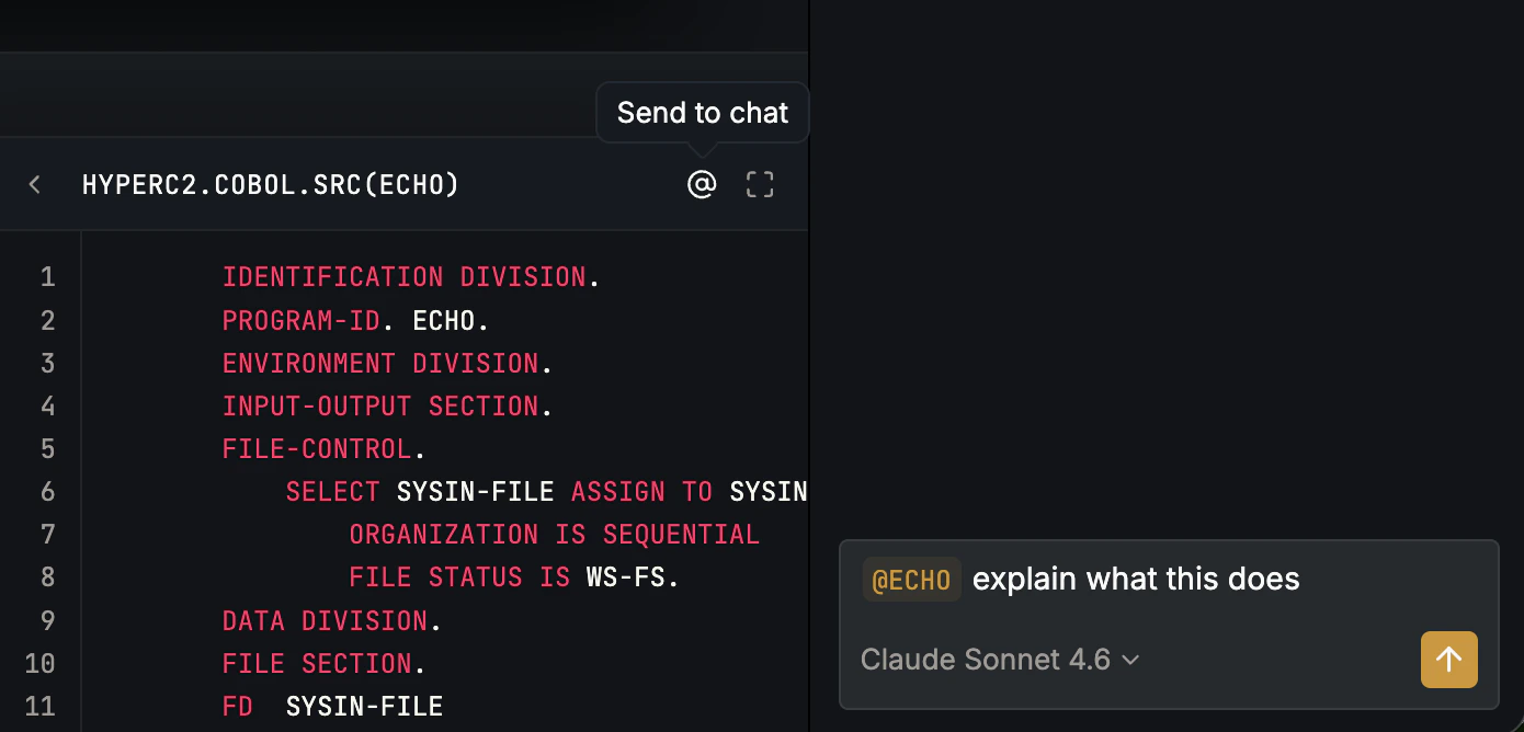 Hopper preview header with the Send to chat tooltip on the @ button and the chat composer showing an @ECHO reference attached to the next message