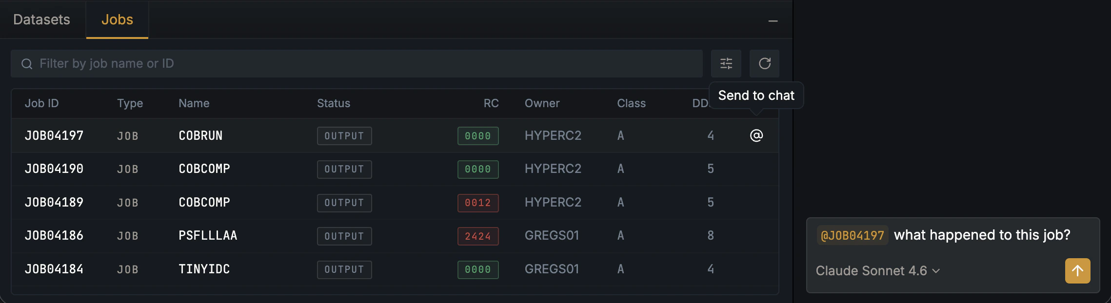 Hopper Jobs panel with the Send to chat tooltip on the @ button of a job row, and the chat composer showing an @JOB04197 reference attached to the next message