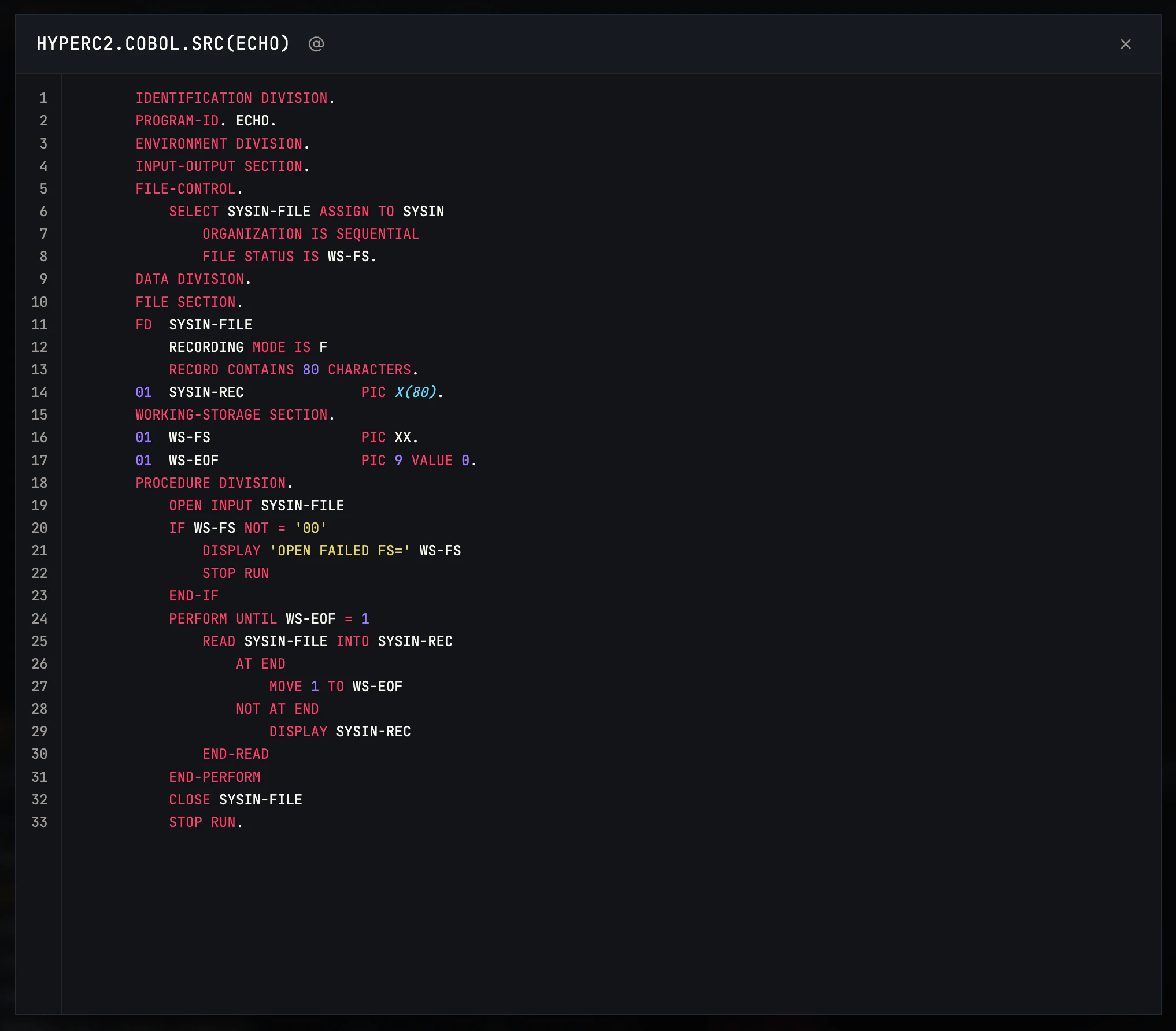 Hopper full-view modal showing the contents of a COBOL ECHO program with line numbers and syntax highlighting