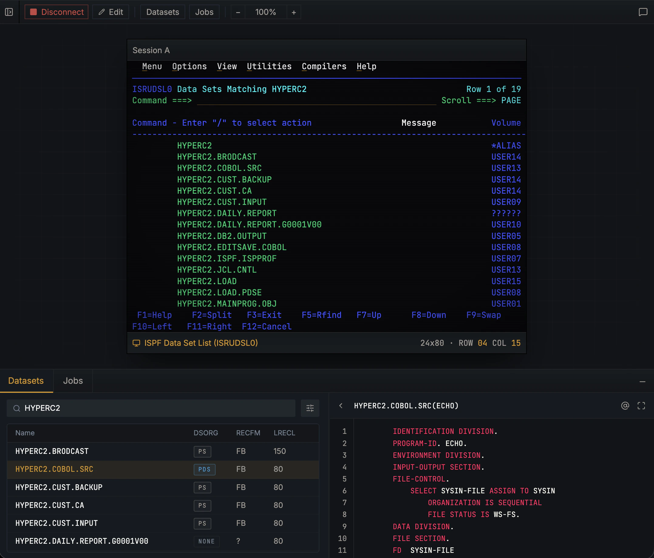 Hopper datasets panel with a list of datasets on the left and the contents of a selected COBOL member previewed inline on the right
