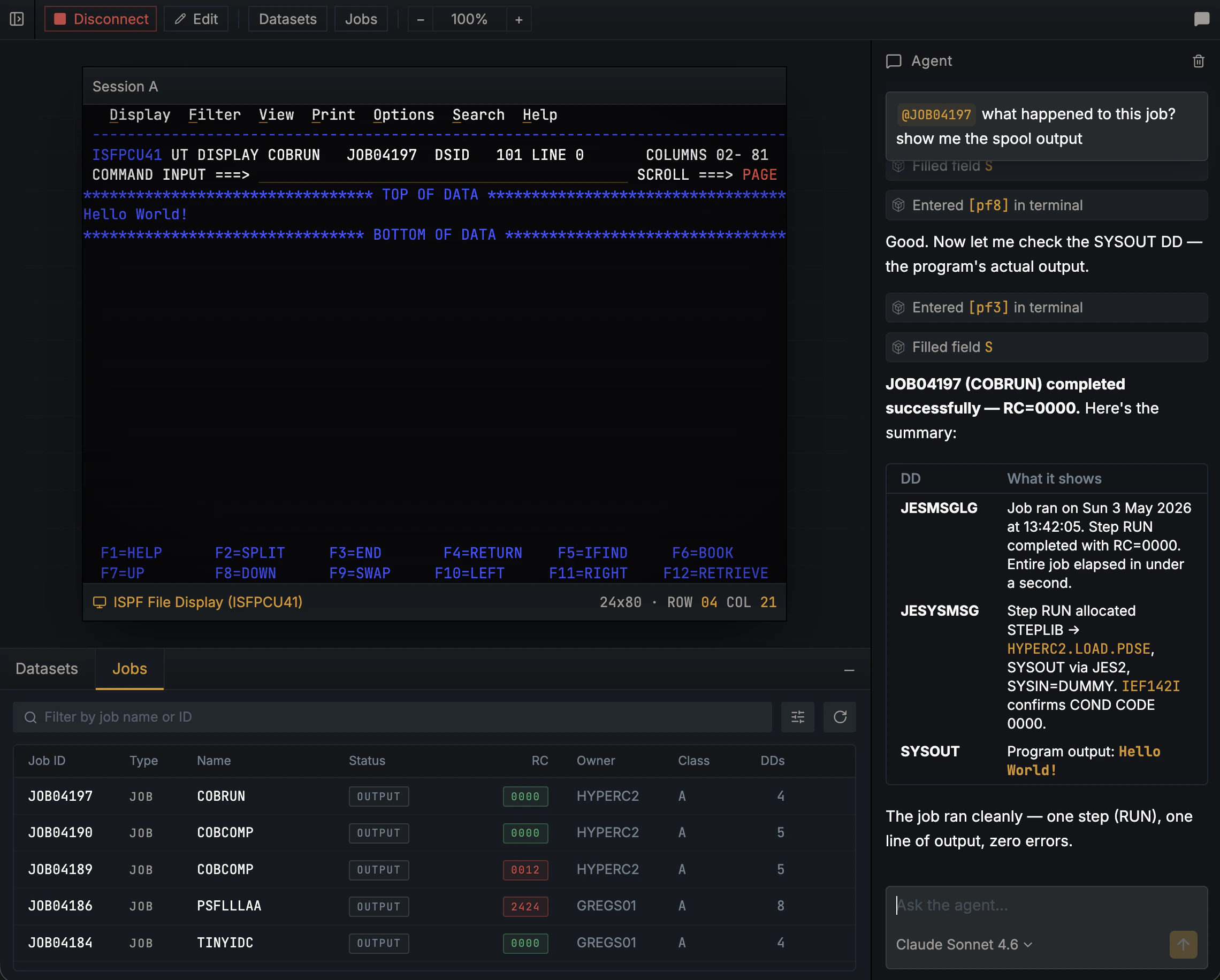 Hopper showing the TN3270 terminal with ISPF Primary Option Menu, the dataset and job browser below, and the agent panel on the right