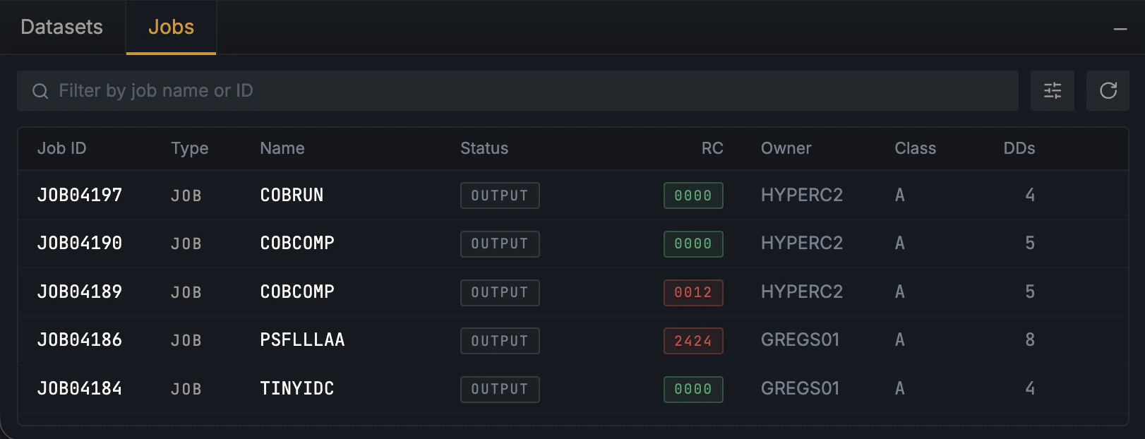 Hopper Jobs panel showing a filterable table of recent JES jobs with Job ID, Type, Name, Status, RC, Owner, Class, and DDs columns