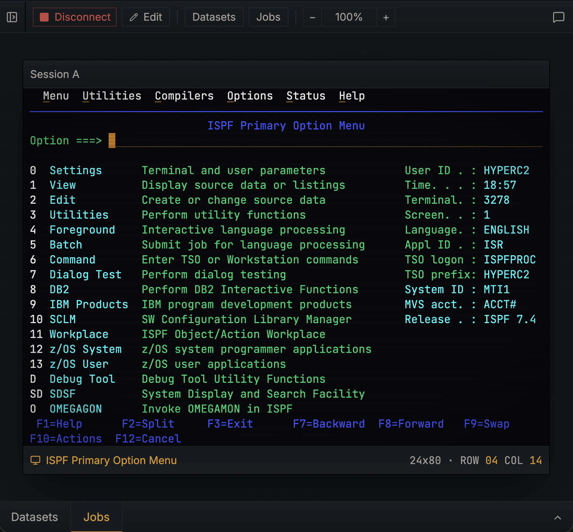 Hopper terminal panel showing the ISPF Primary Option Menu with menu, utilities, compilers, and other options on a 24×80 green-screen display