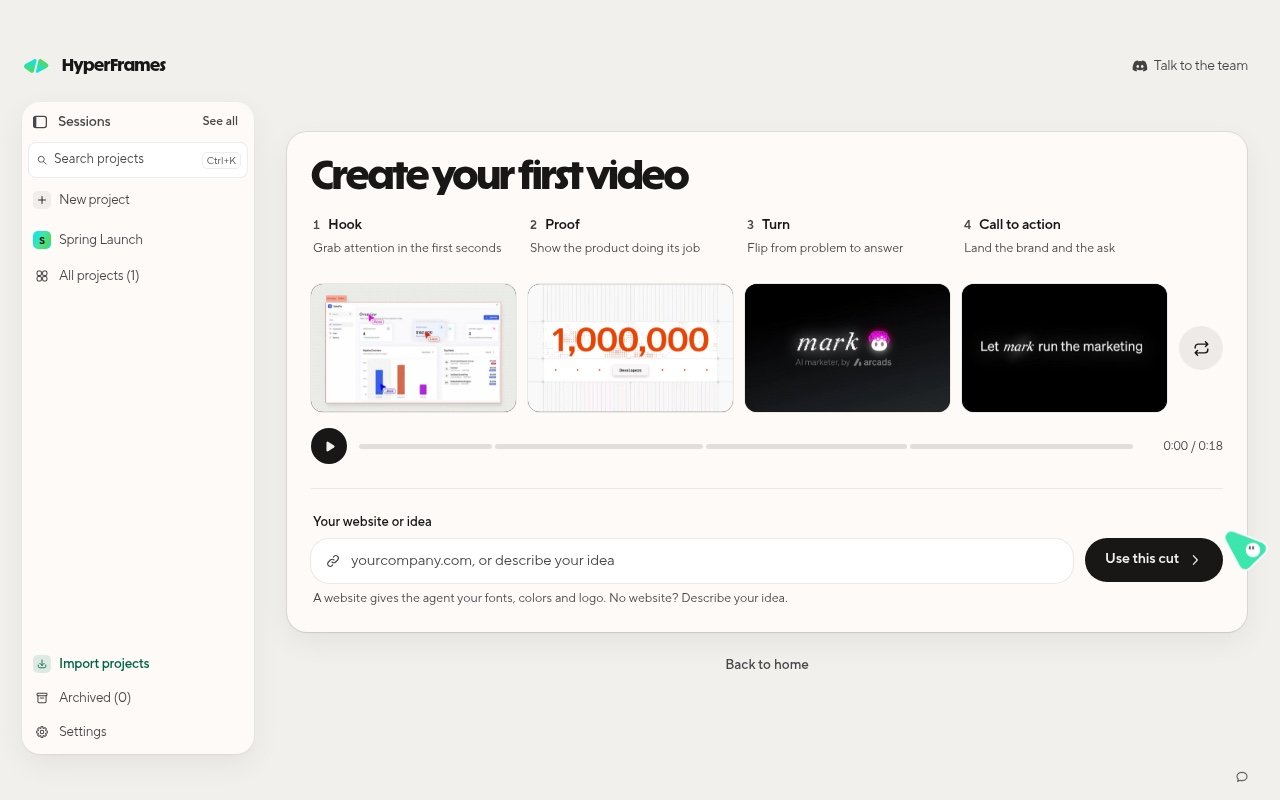 The Create your first video card with Hook, Proof, Turn and Call to action slots and a field for your website or idea
