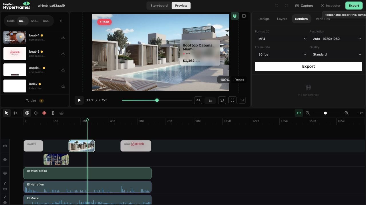 The Renders panel in HyperFrames Studio, showing format and resolution options