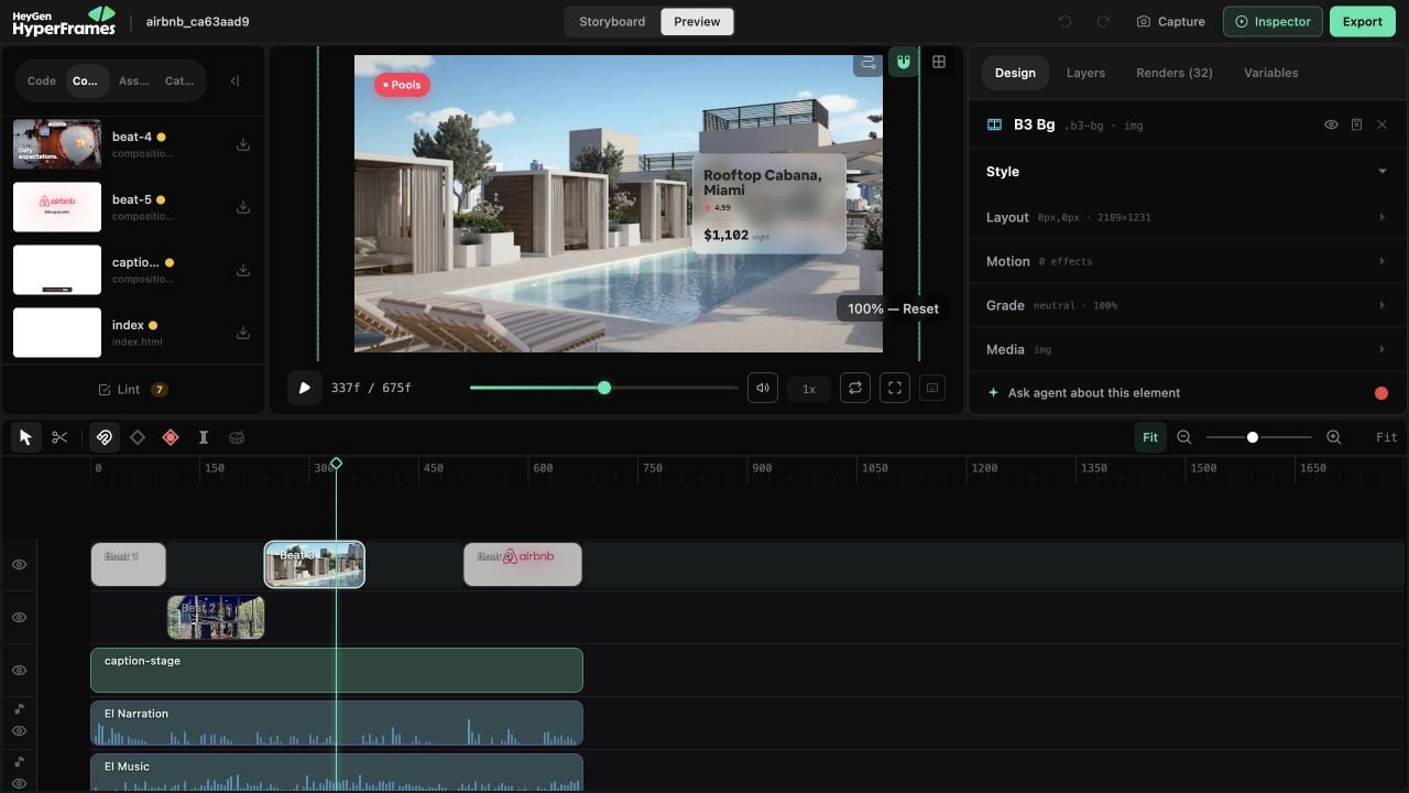 The Design inspector with controls for style, layout, motion, grade, and media
