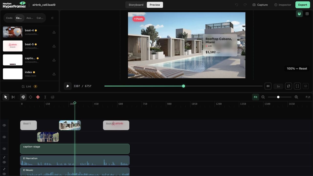 HyperFrames Studio showing the canvas, Inspector, playback controls, and timeline