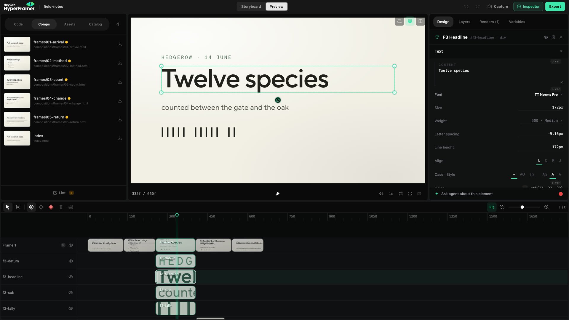HyperFrames Studio with a headline selected on the canvas and its Design controls open