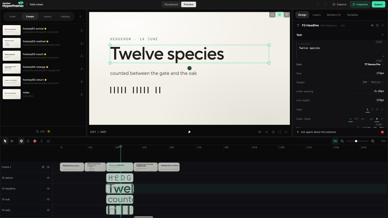 The Design inspector with controls for style, layout, motion, grade, and media