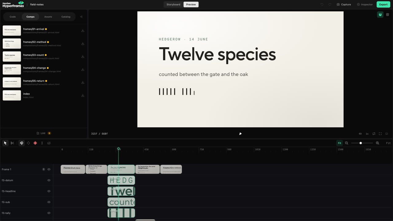 HyperFrames Studio Preview showing the composition browser, canvas, playback controls, and multitrack timeline