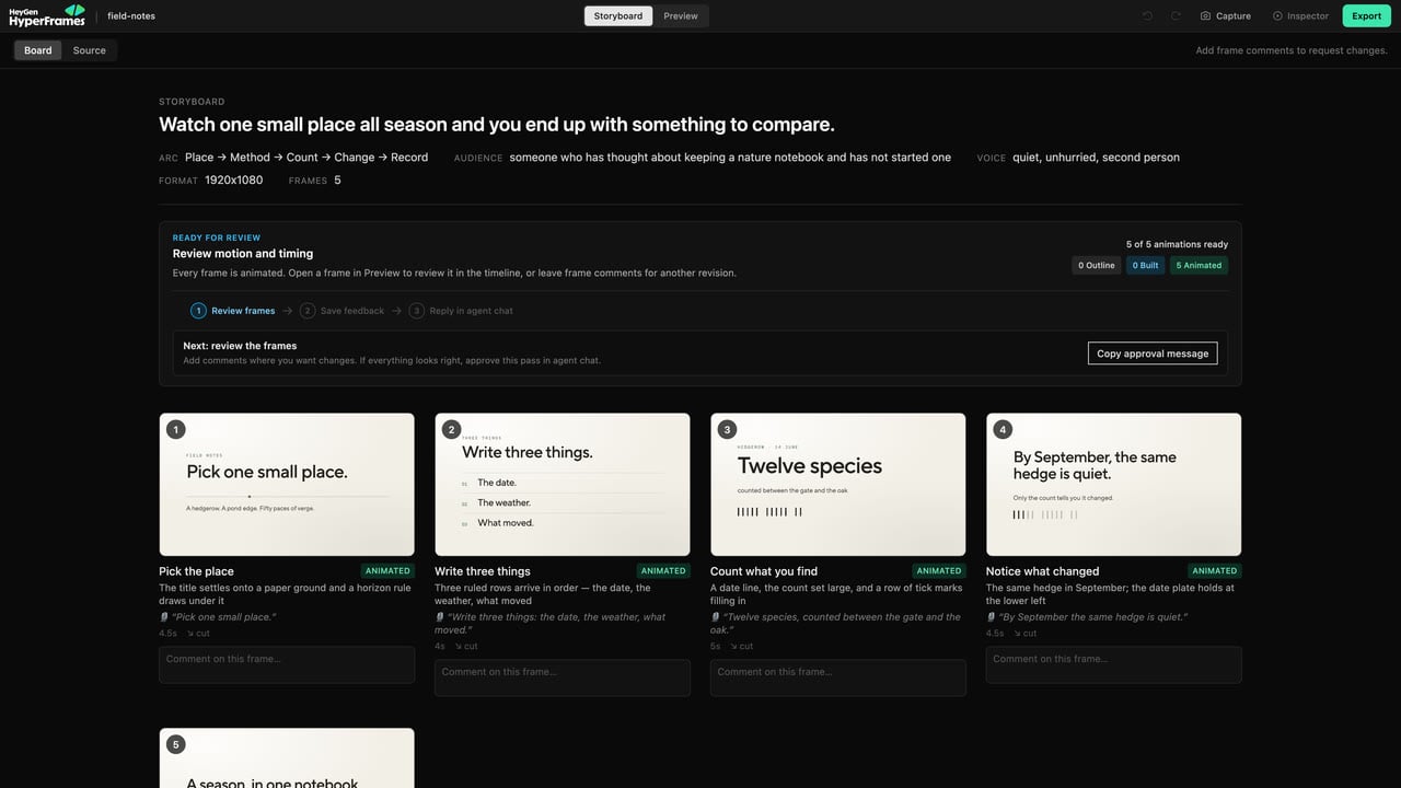 Storyboard with the video arc, frame statuses, visual sketches, and comments