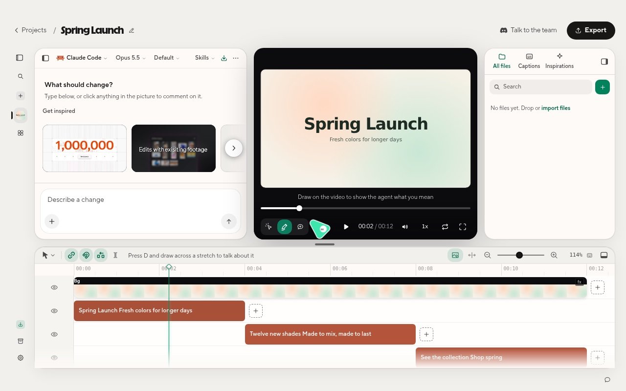 The Spring Launch project open in the HyperFrames Studio app with the chat, the picture, and the timeline