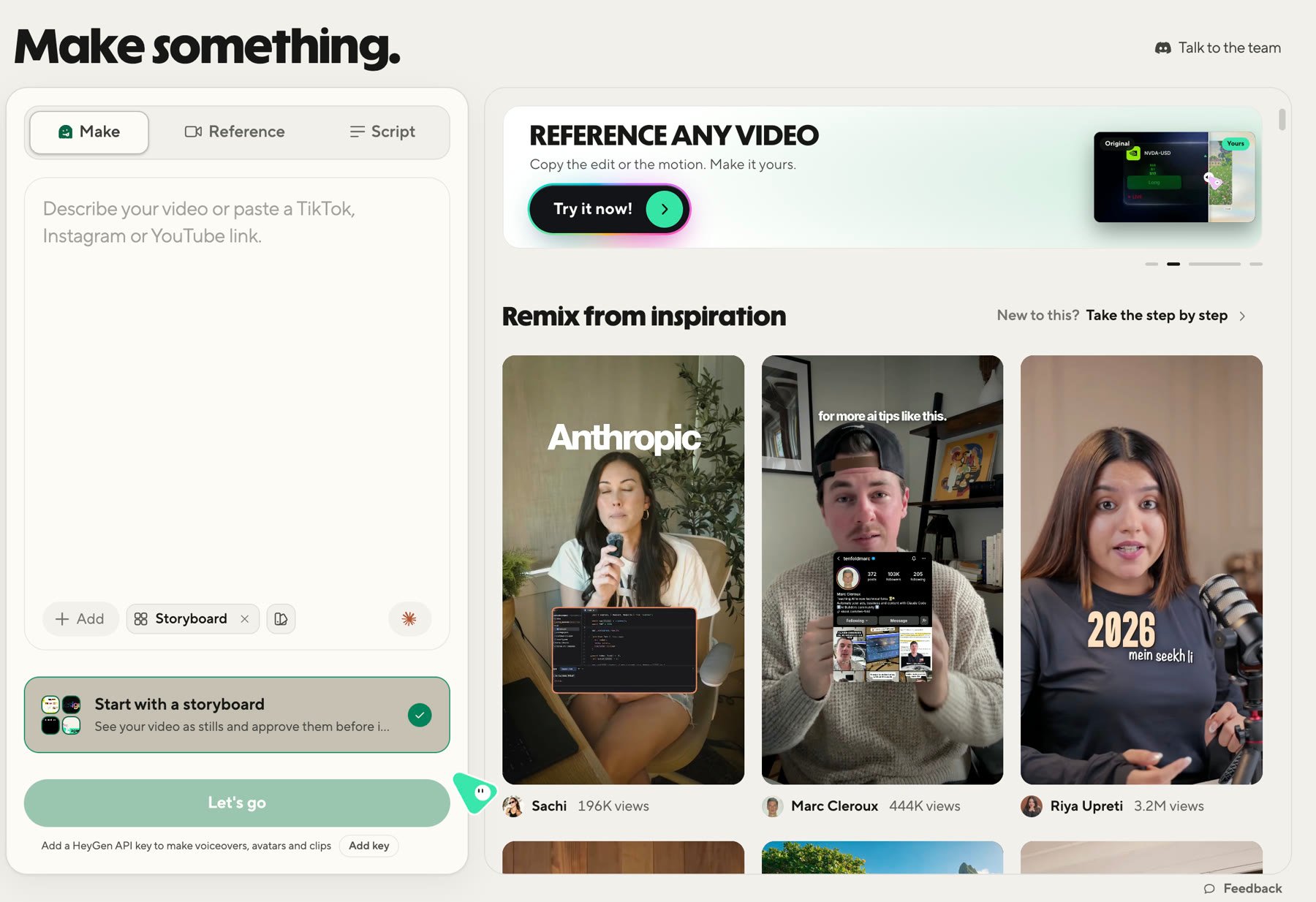 The HyperFrames Studio app's Home screen: the Make something box and the Remix from inspiration feed