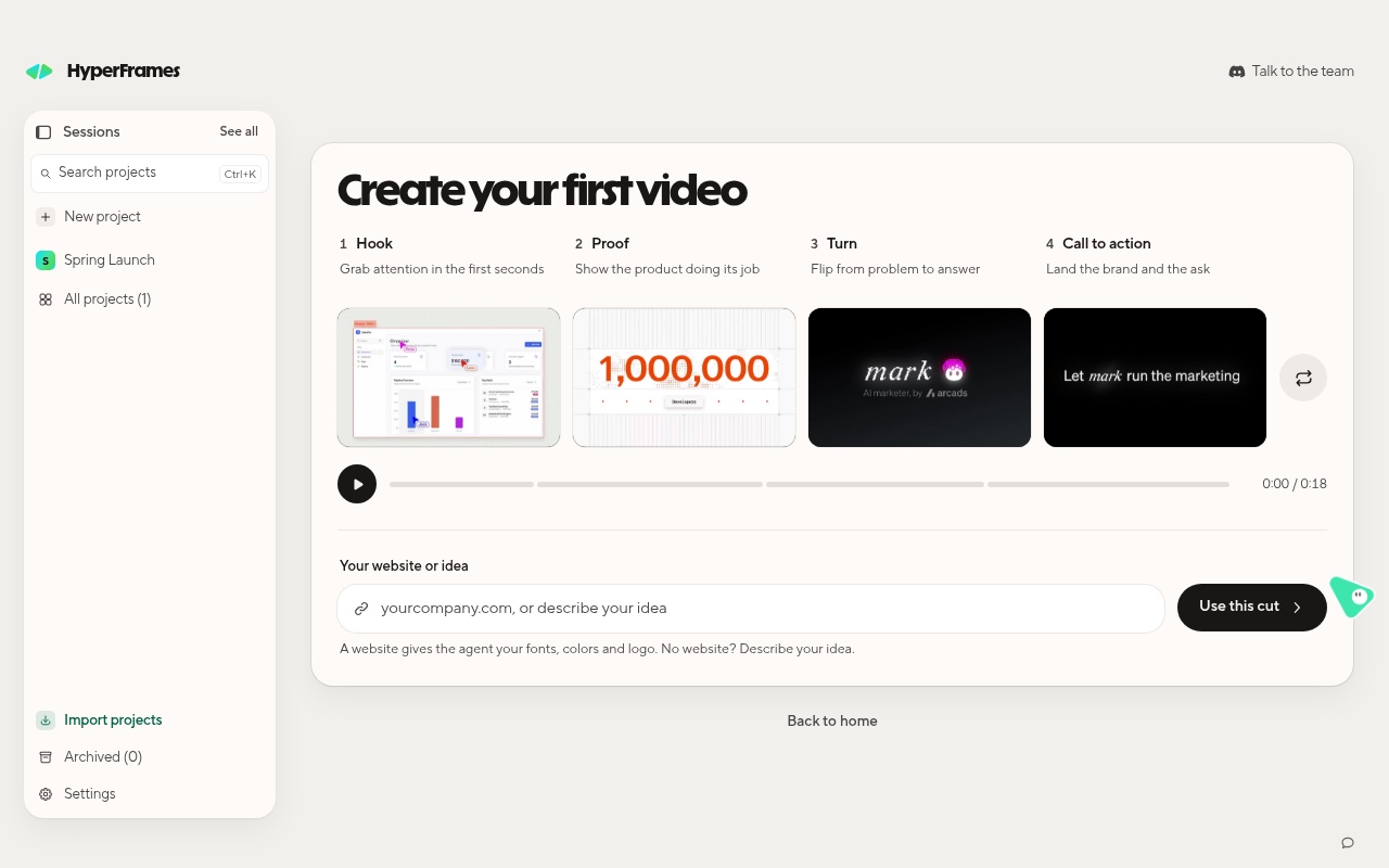 The Create your first video card with Hook, Proof, Turn and Call to action slots and a field for your website or idea