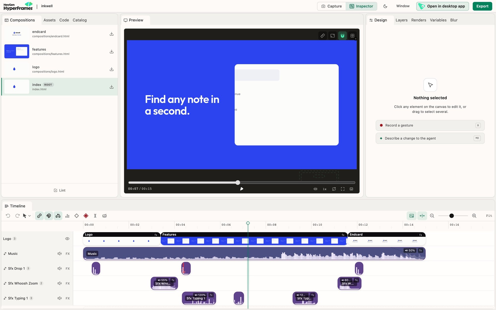 The HyperFrames browser editor with the Inkwell project open: compositions, preview, Design panel and timeline