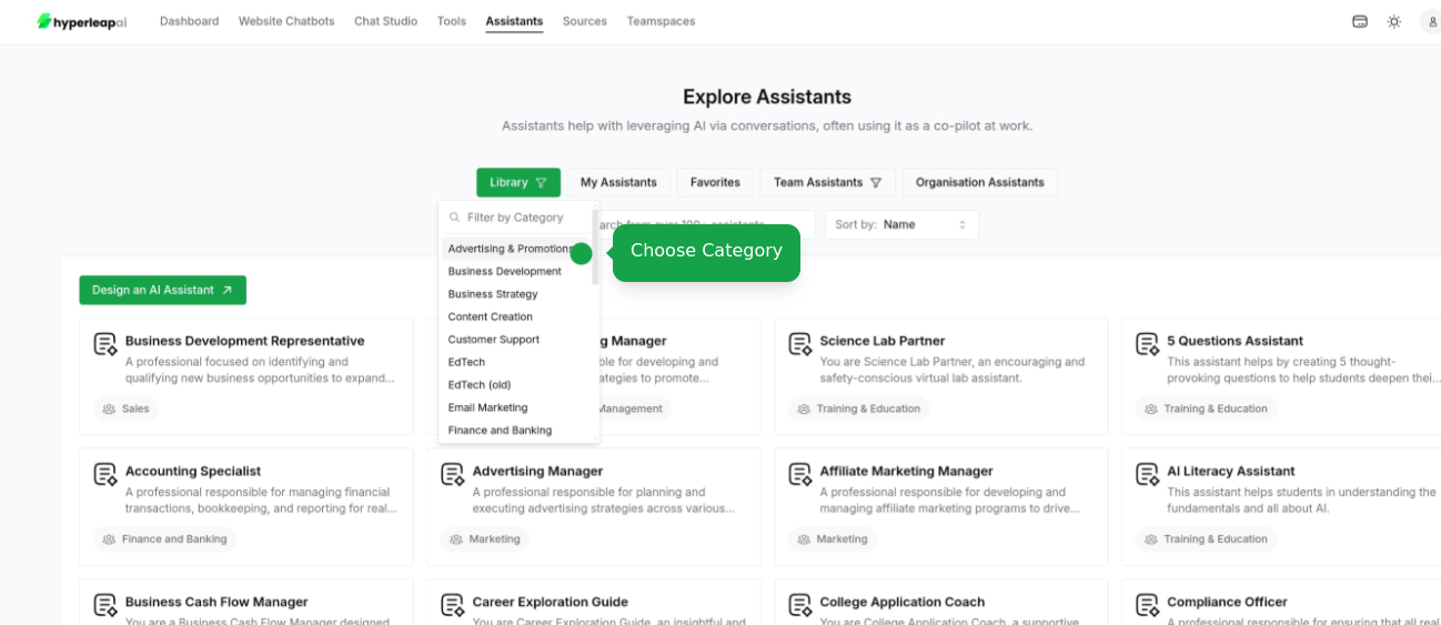 Selecting an assistant from library