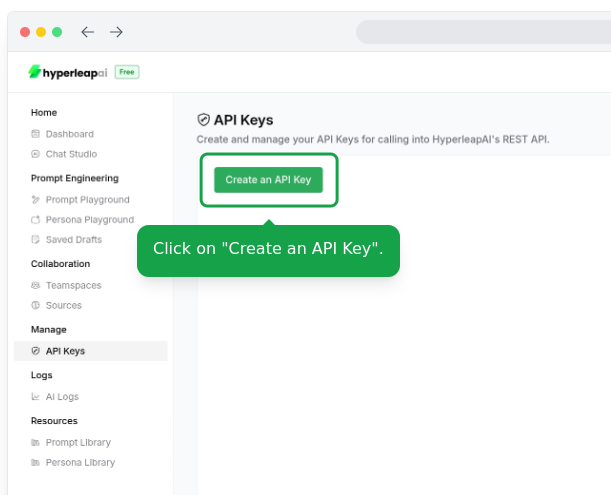 Create API Key on studio