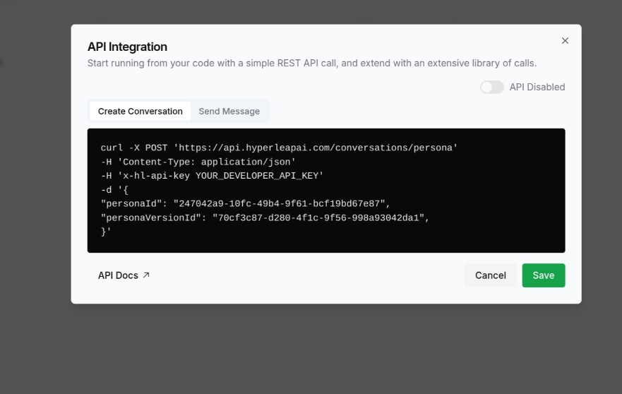 API Integration Dialog