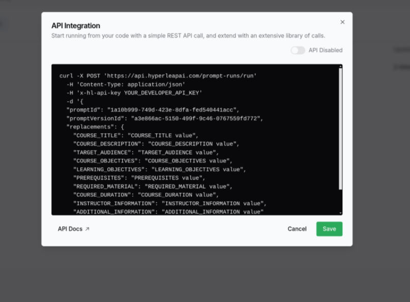 API Integration Dialog